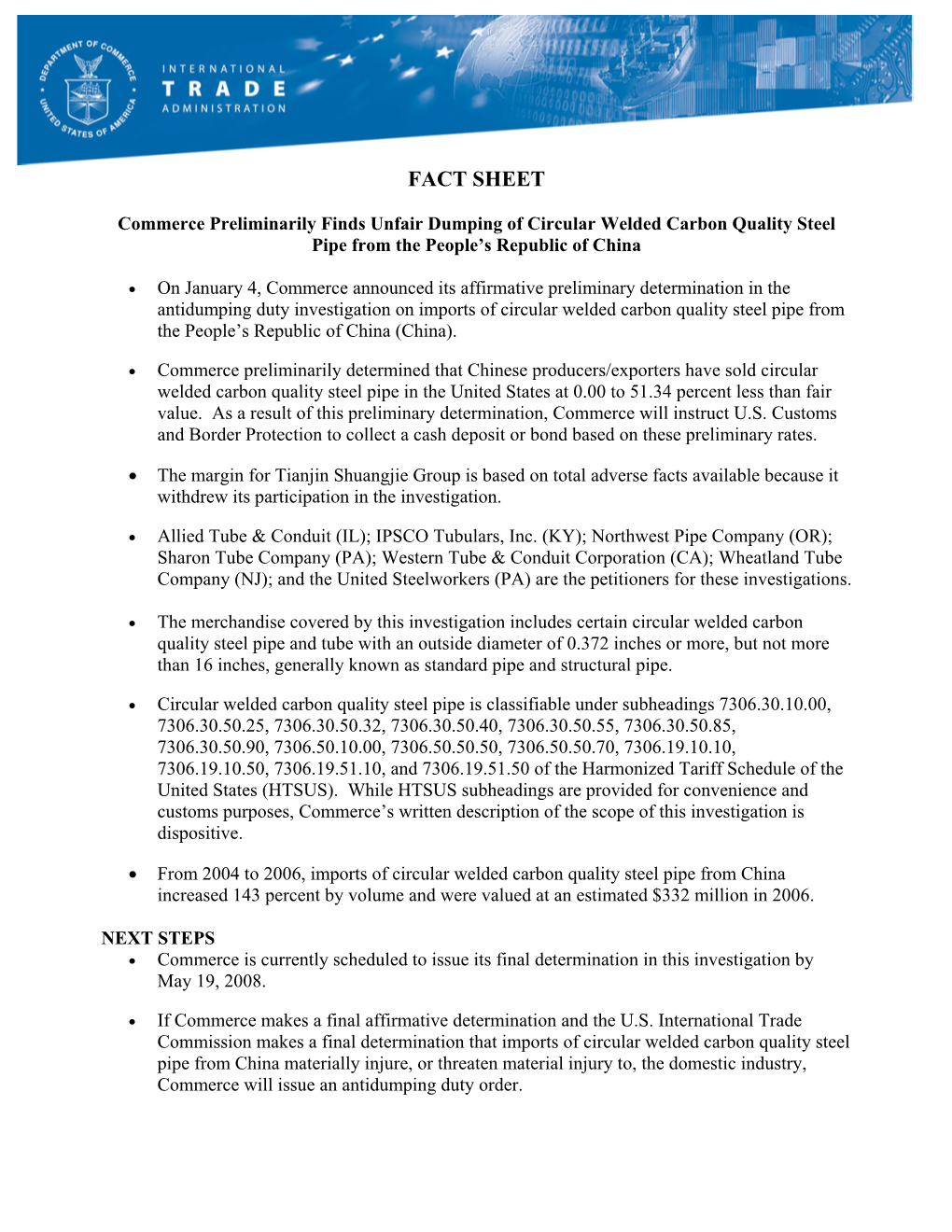 Preliminary Determination in the Antidumping Duty Investigation on Imports of Circular Welded Carbon Quality Steel Pipe from the People’S Republic of China (China)