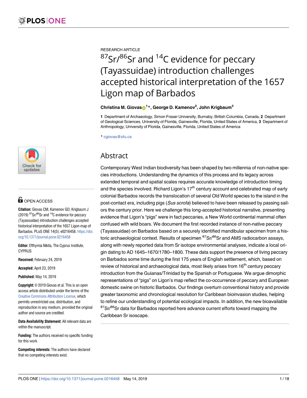 87Sr/86Sr and 14C Evidence for Peccary (Tayassuidae) Introduction Challenges Accepted Historical Interpretation of the 1657 Ligon Map of Barbados