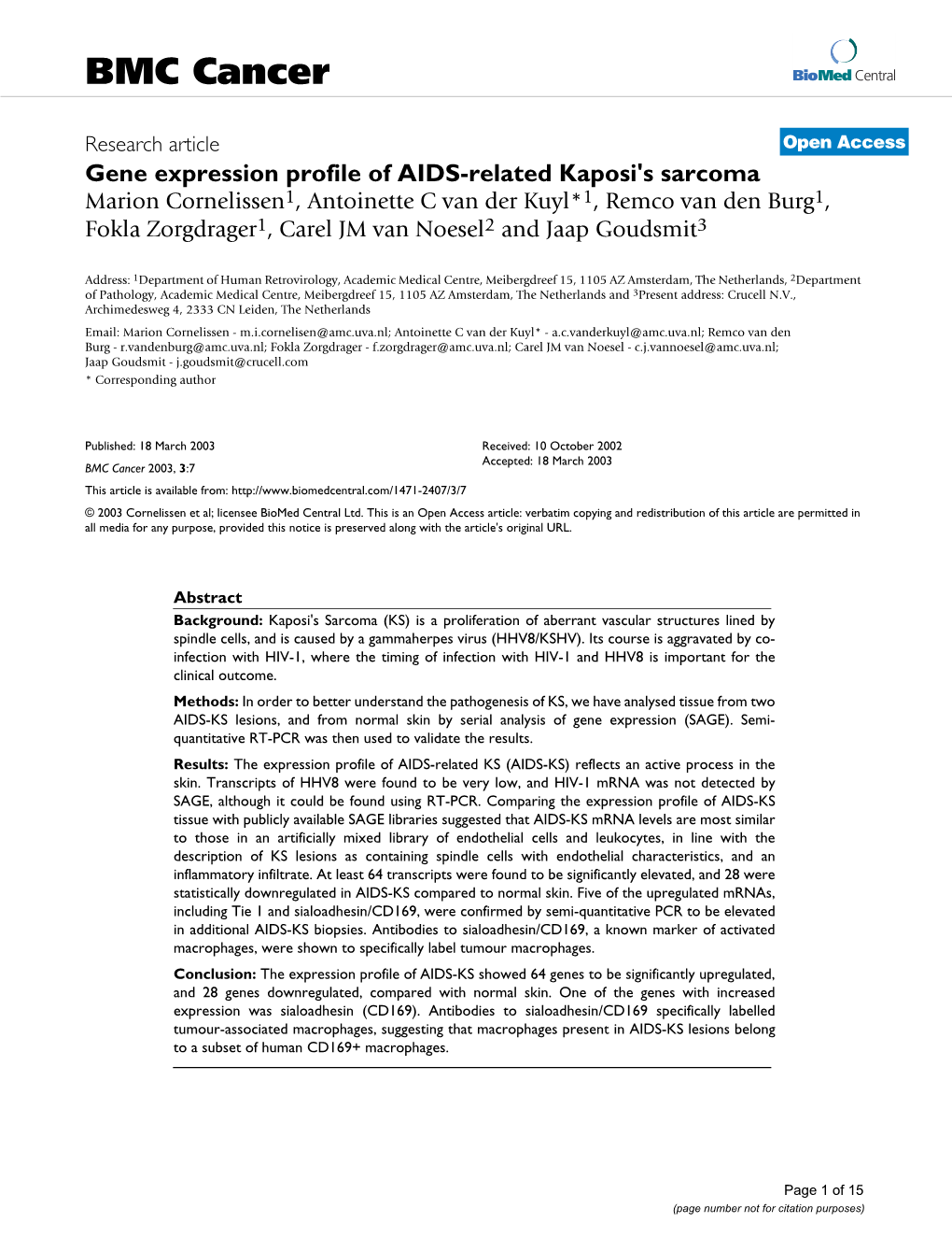 Gene Expression Profile of AIDS-Related Kaposi's Sarcoma