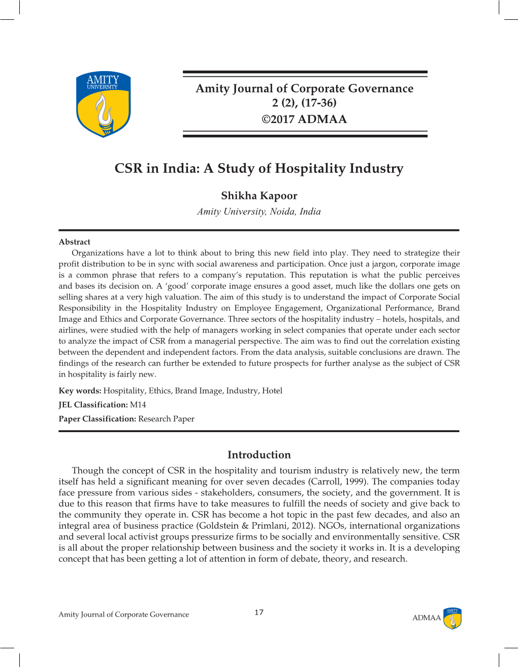 CSR in India: a Study of Hospitality Industry