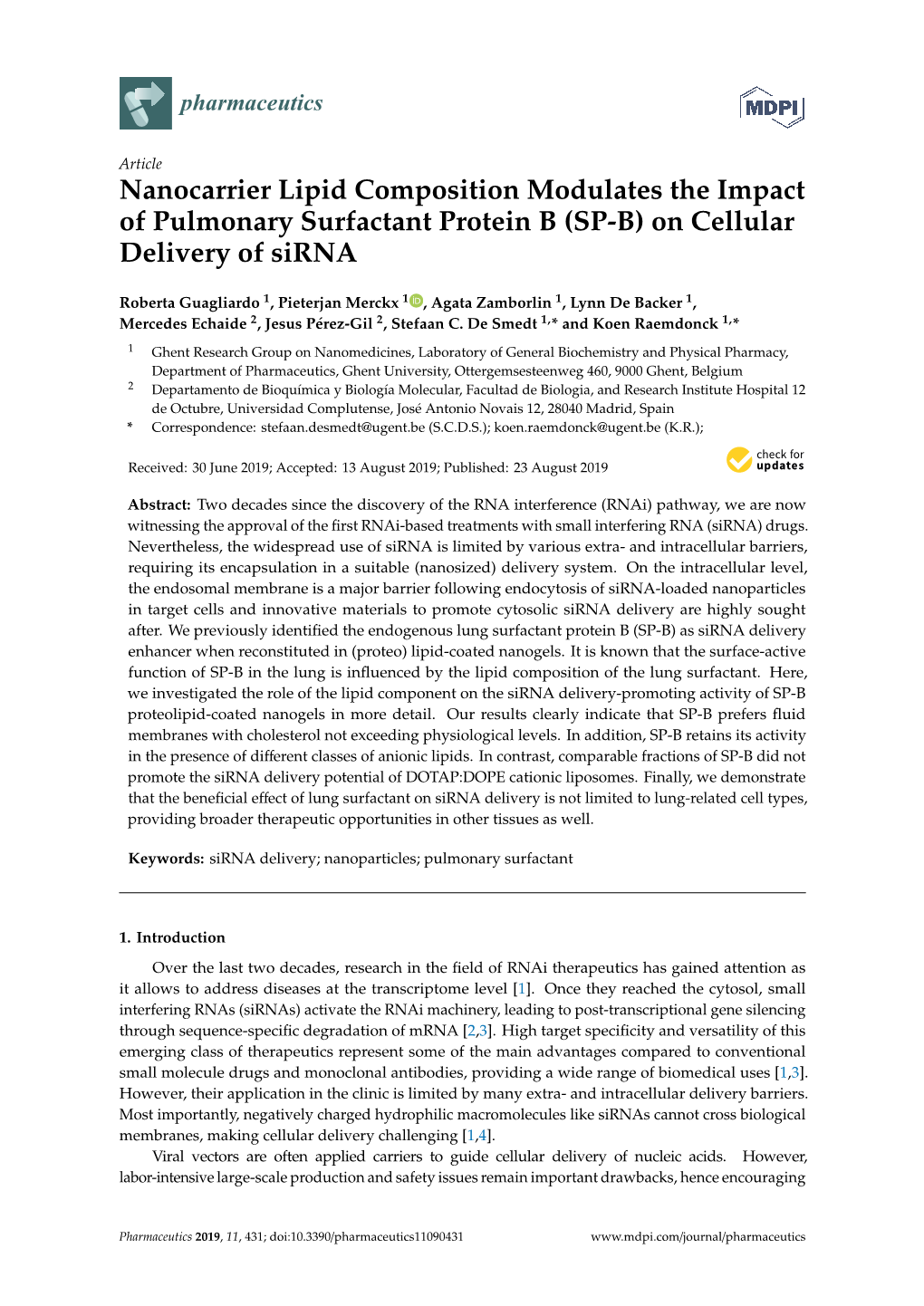 (SP-B) on Cellular Delivery of Sirna