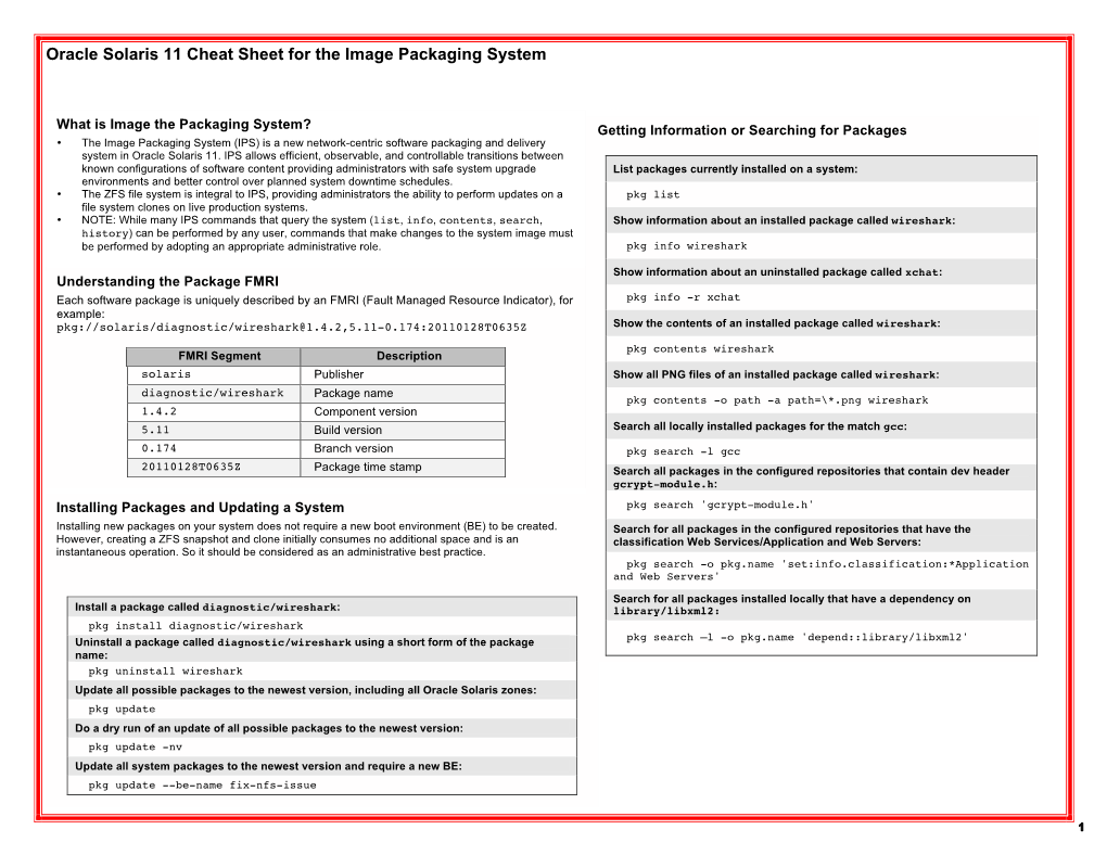 Oracle Solaris 11 Cheat Sheet for the Image Packaging System