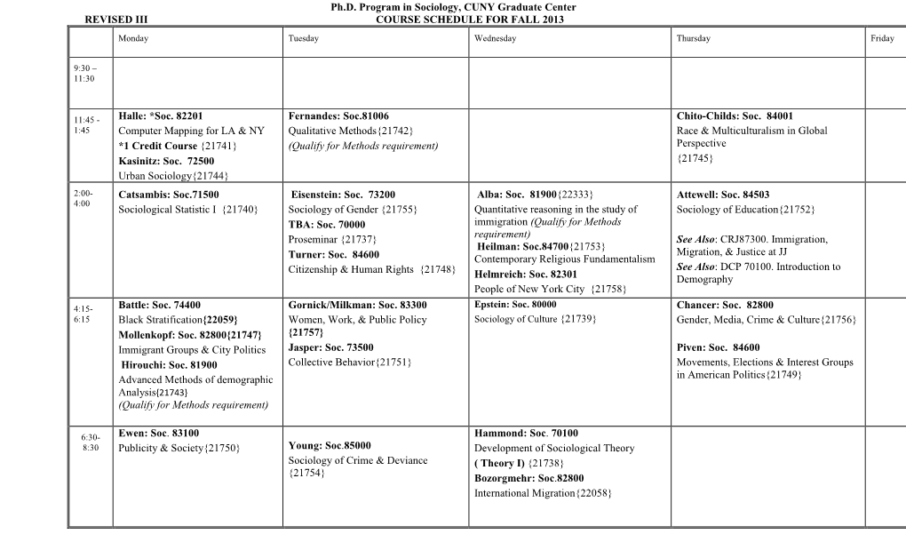 Ph.D. Program in Sociology, CUNY Graduate Center REVISED III COURSE SCHEDULE for FALL 2013