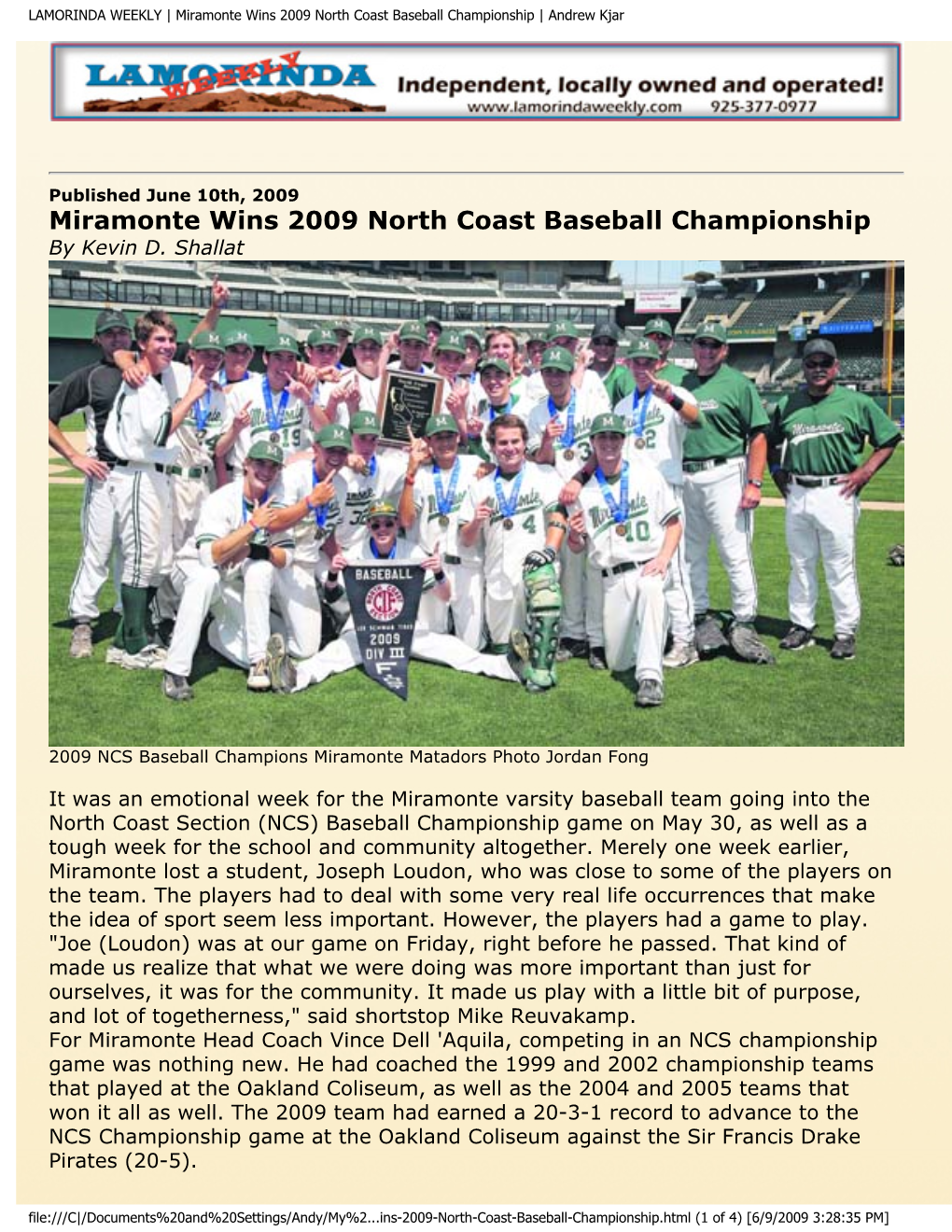 Miramonte Wins 2009 North Coast Baseball Championship | Andrew Kjar