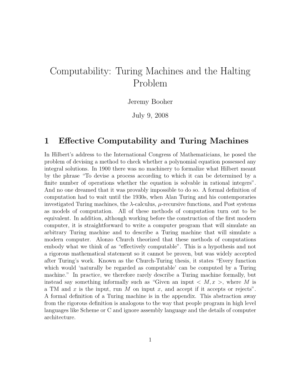 Computability: Turing Machines and the Halting Problem