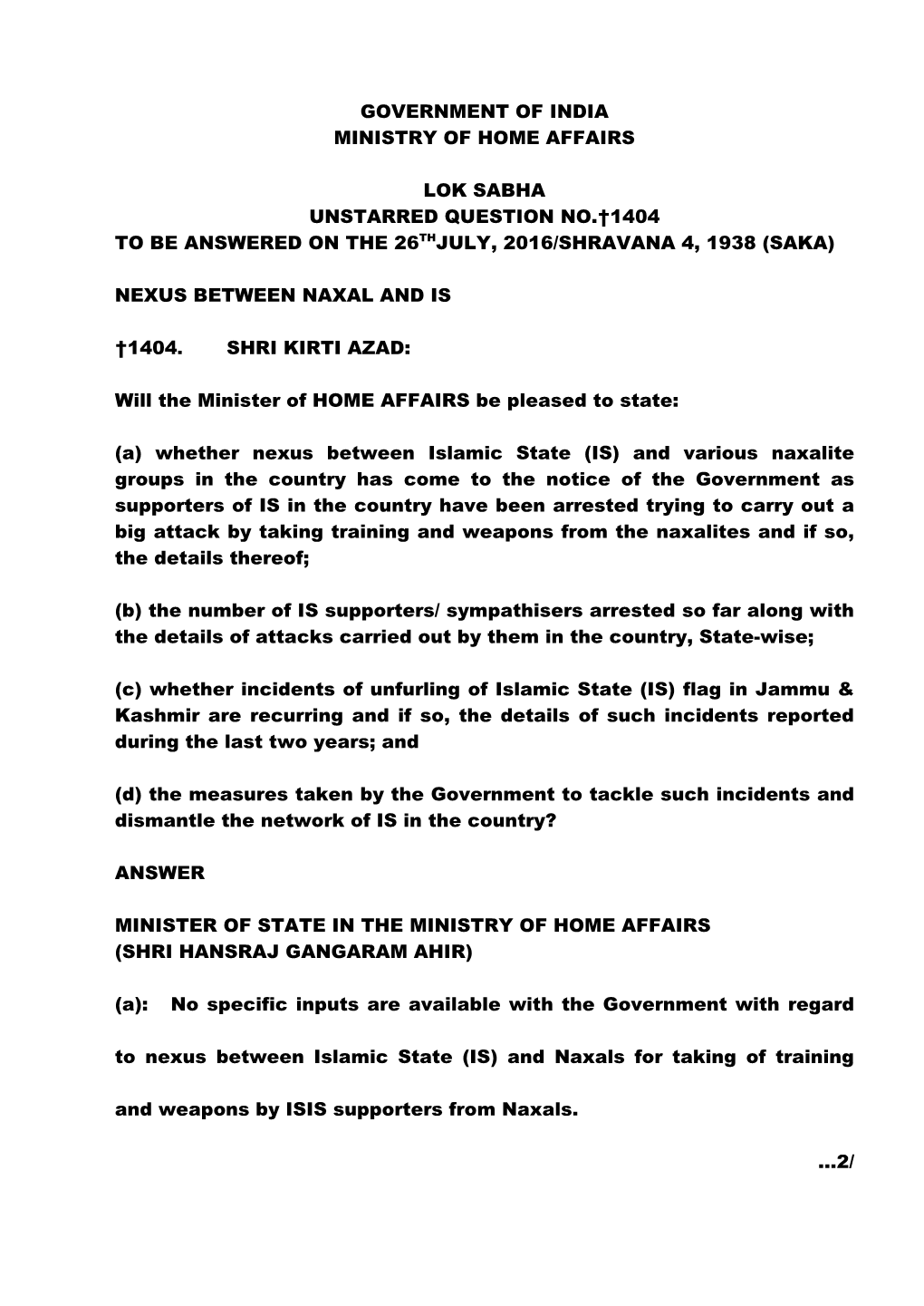 Government of India Ministry of Home Affairs Lok Sabha Unstarred Question No.†1404 to Be Answered on the 26Thjuly, 2016/Shrava