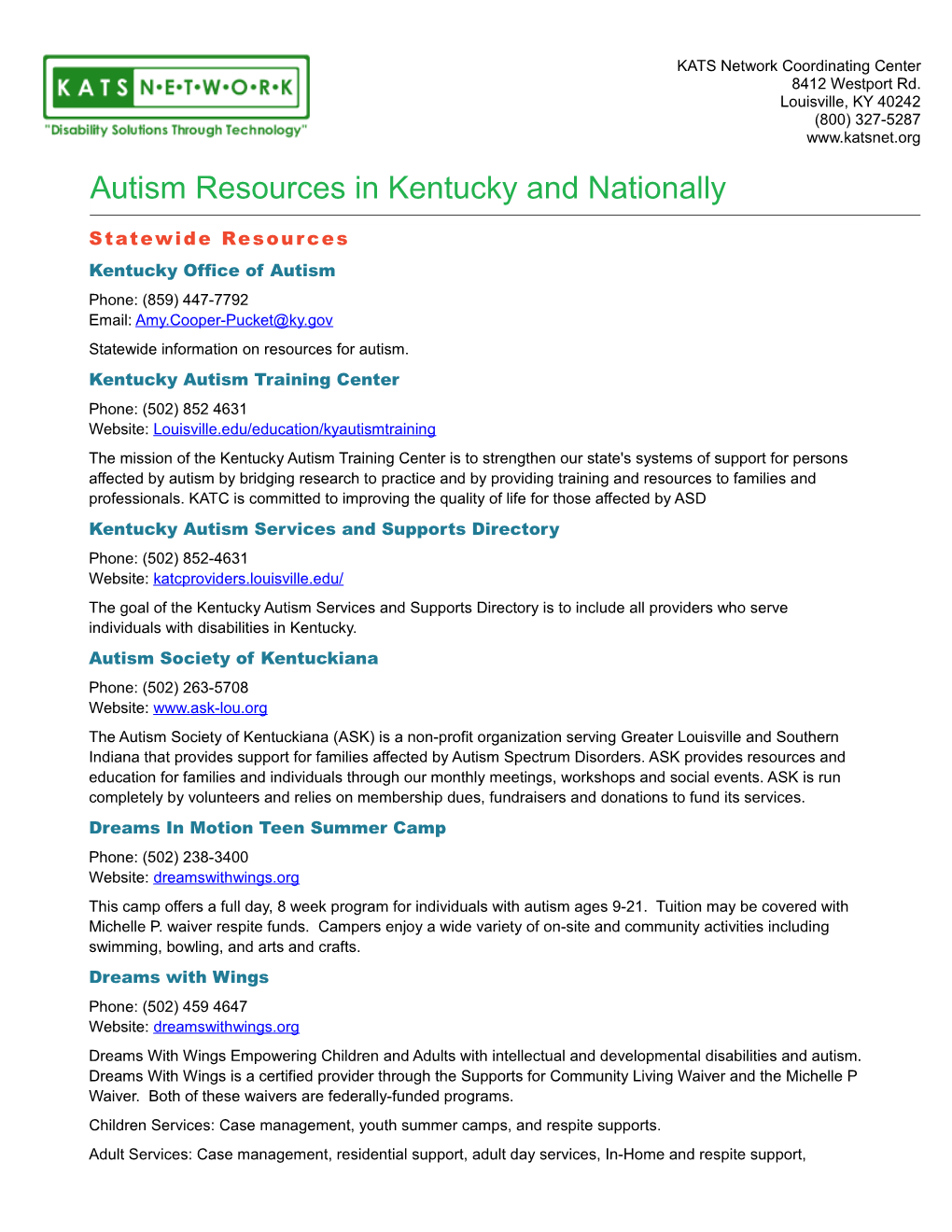Autism Resources in Kentucky and Nationally
