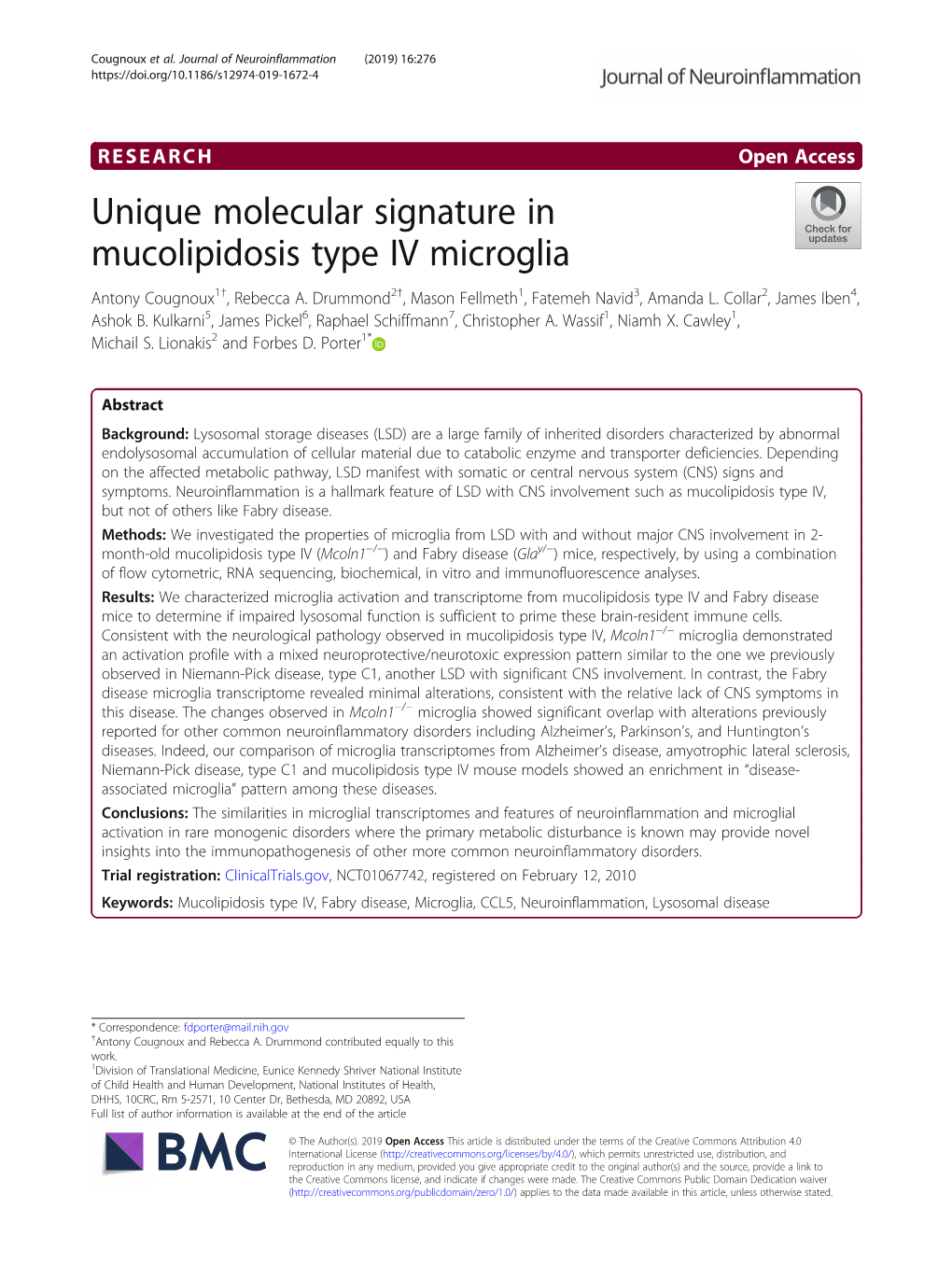 Unique Molecular Signature in Mucolipidosis Type IV Microglia Antony Cougnoux1†, Rebecca A