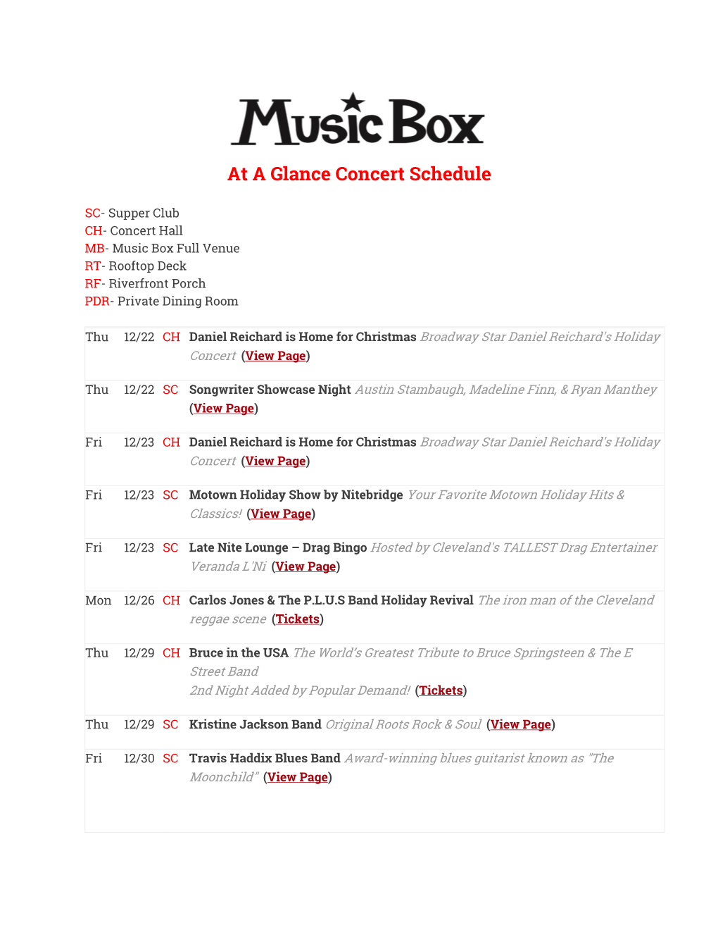 At a Glance Concert Schedule