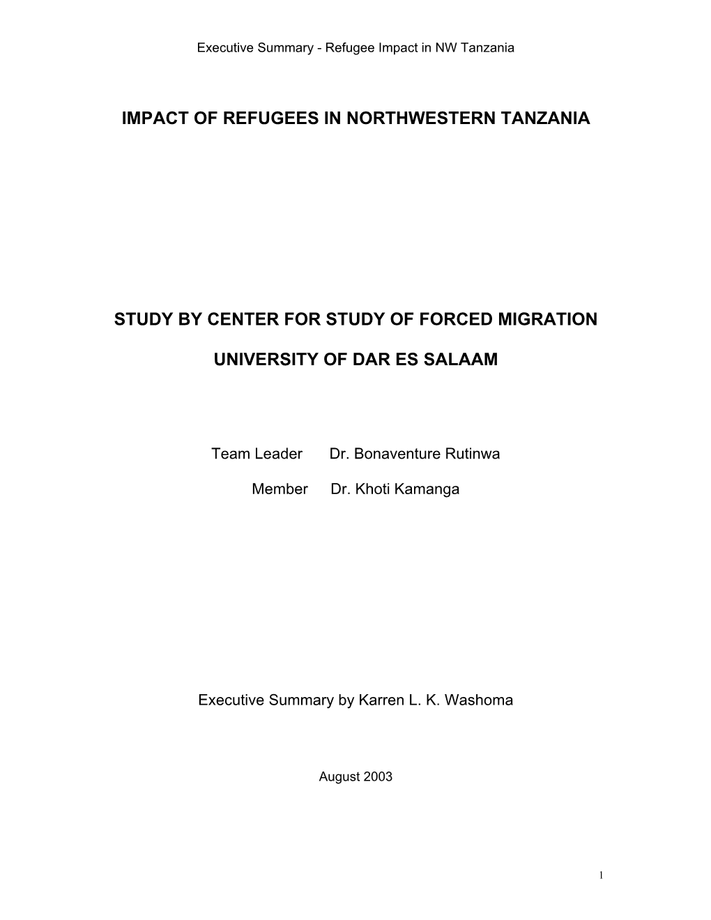 Impact of Refugees in North Western Tanzania