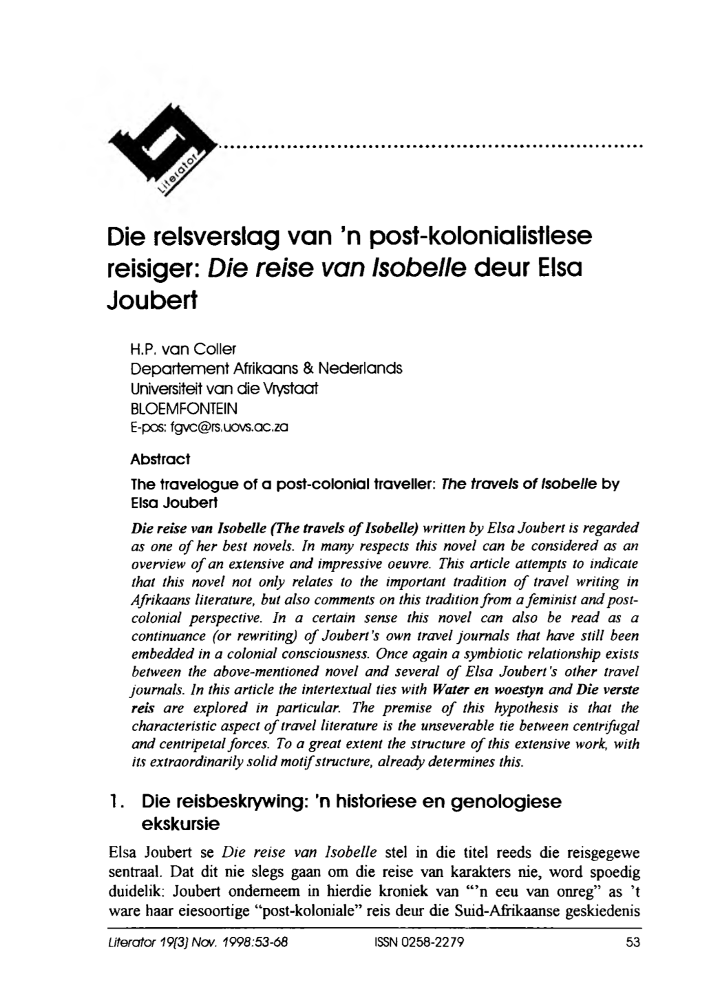 N Post-Kolonialistlese Reisiger: Die Reise Van Isobelle Deur Elsa Joubert