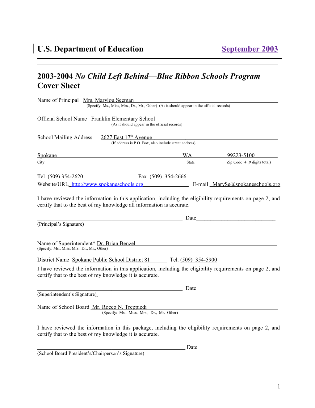 Franklin Elementary School 2004 No Child Left Behind-Blue Ribbon School Application (Msword)