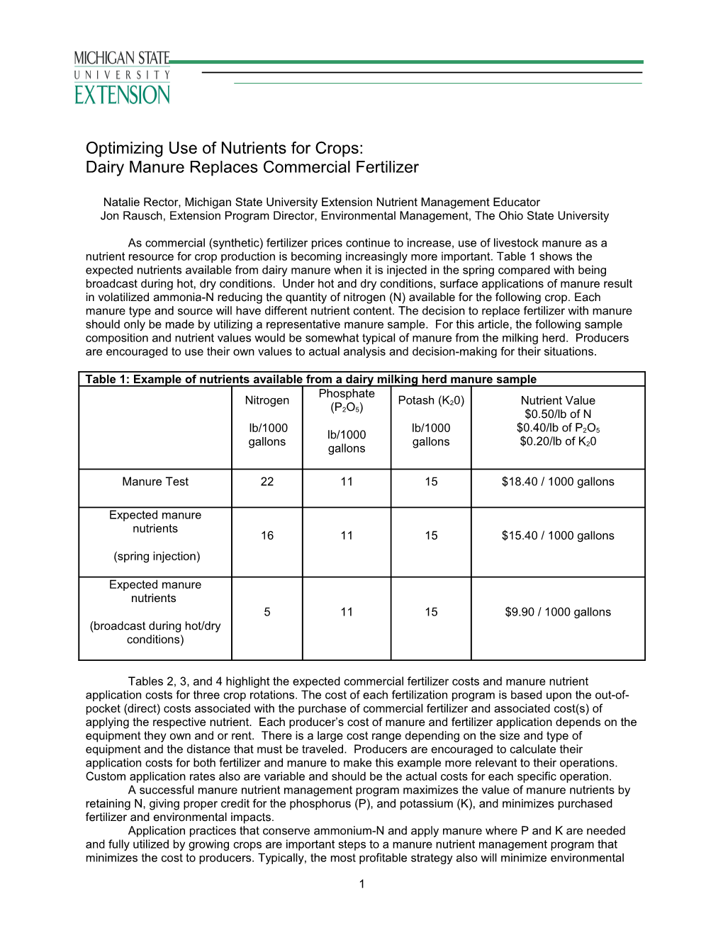 Manure Nutrient Cost/Benefit