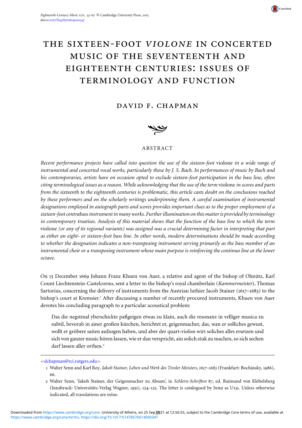 The Sixteen-Foot Violone in Concerted Music of the Seventeenth and Eighteenth Centuries: Issues of Terminology and Function