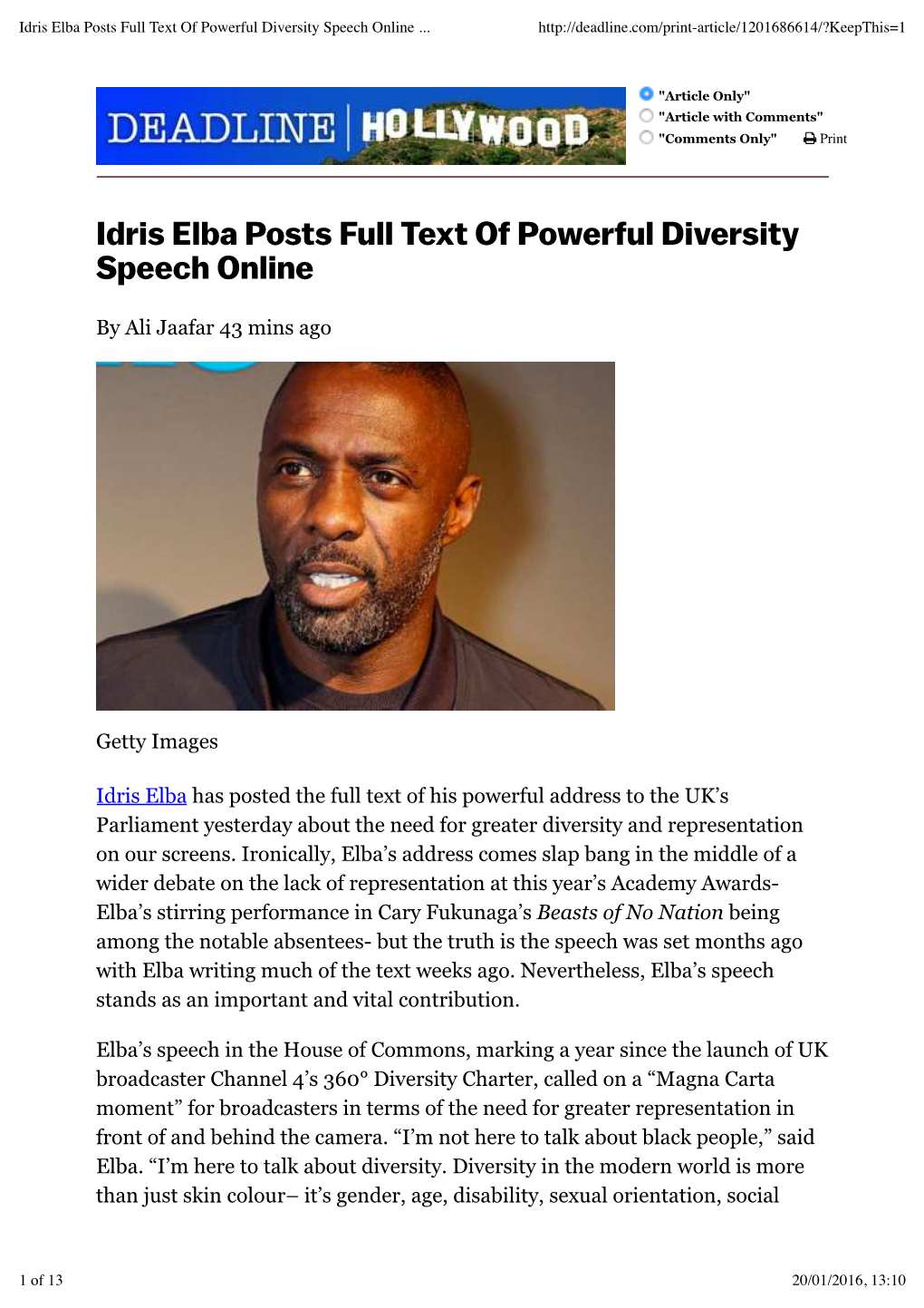 Idris Elba Posts Full Text of Powerful Diversity Speech Online