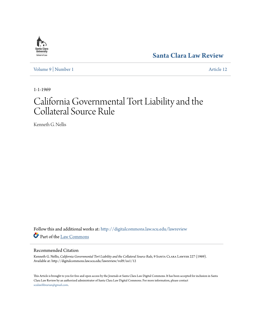 California Governmental Tort Liability and the Collateral Source Rule Kenneth G