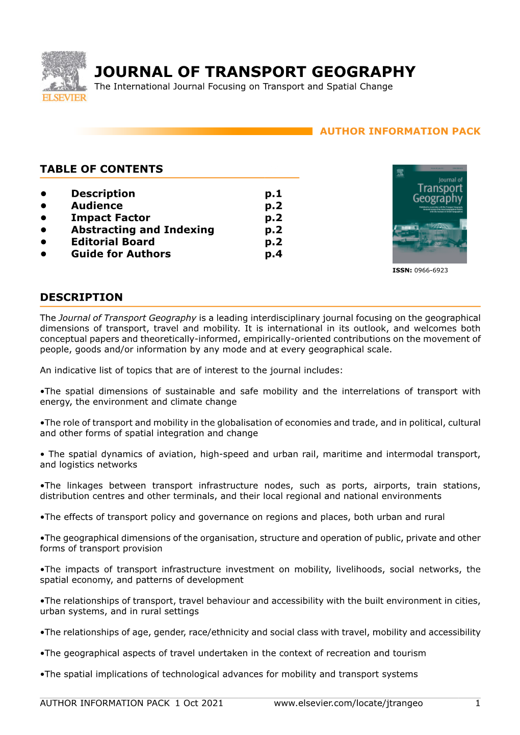 JOURNAL of TRANSPORT GEOGRAPHY the International Journal Focusing on Transport and Spatial Change