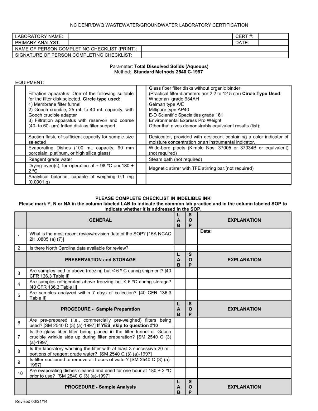 Nc Denr/Dwq Laboratory Certification