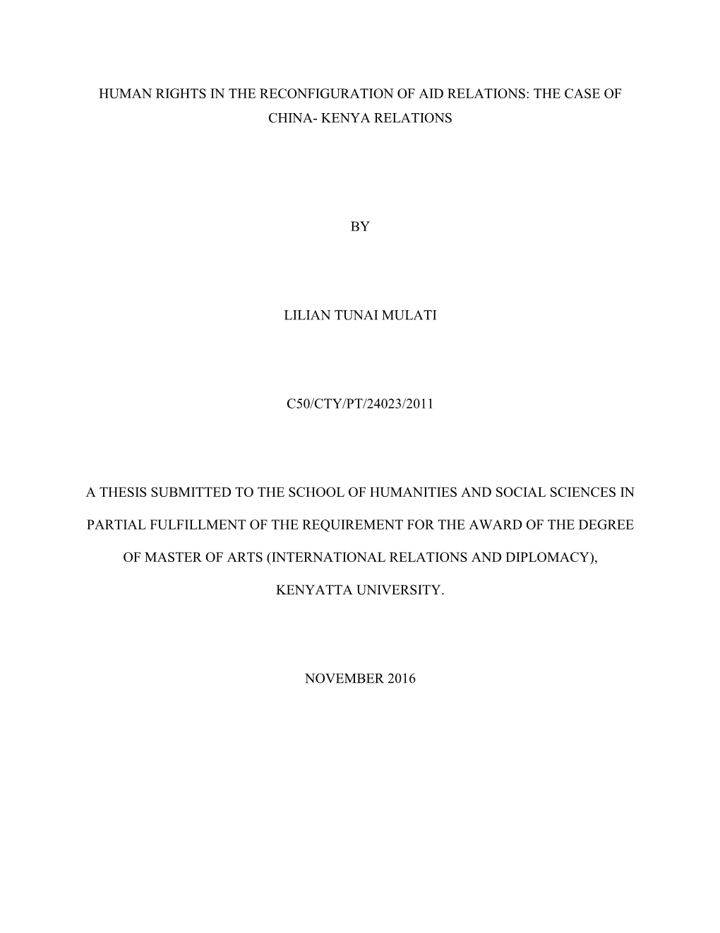 Human Rights in the Reconfiguration of Aid Relations: the Case of China- Kenya Relations