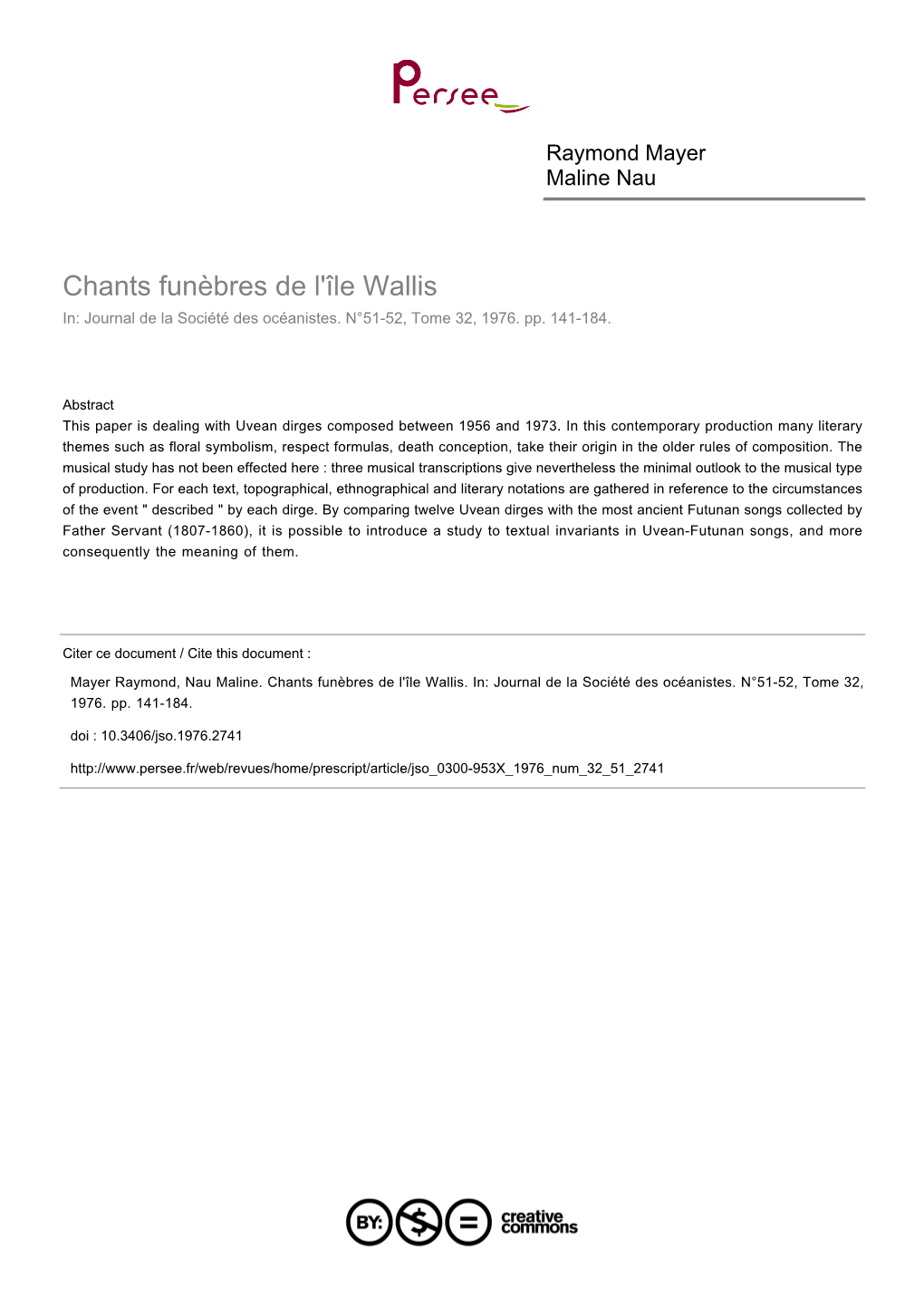 Chants Funèbres De L'île Wallis In: Journal De La Société Des Océanistes