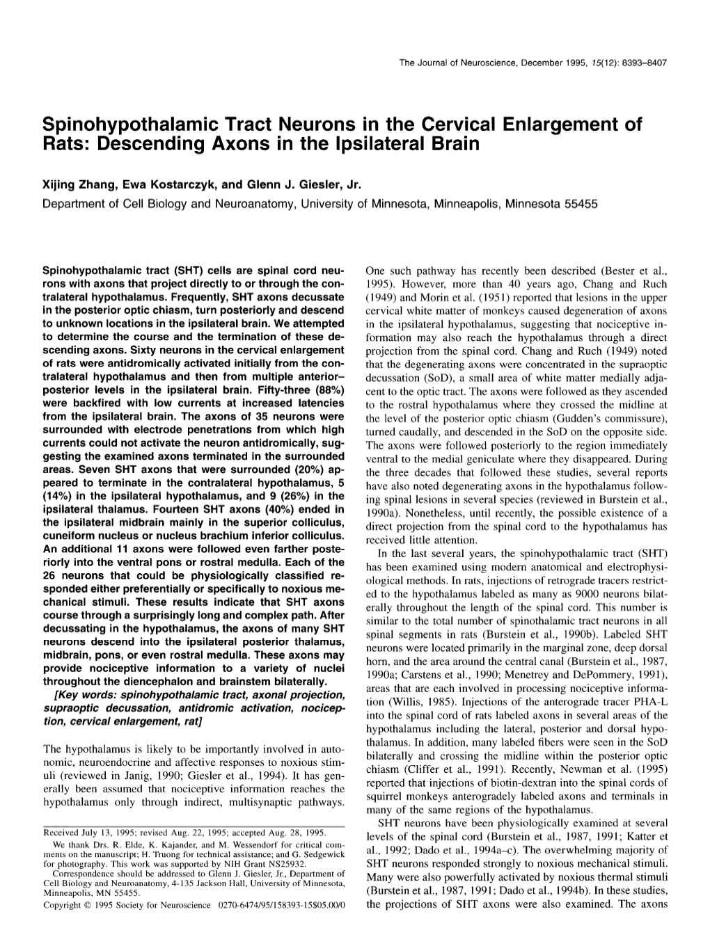 Spinohypothalamic Tract Neurons in the Cervical Rats: Descending