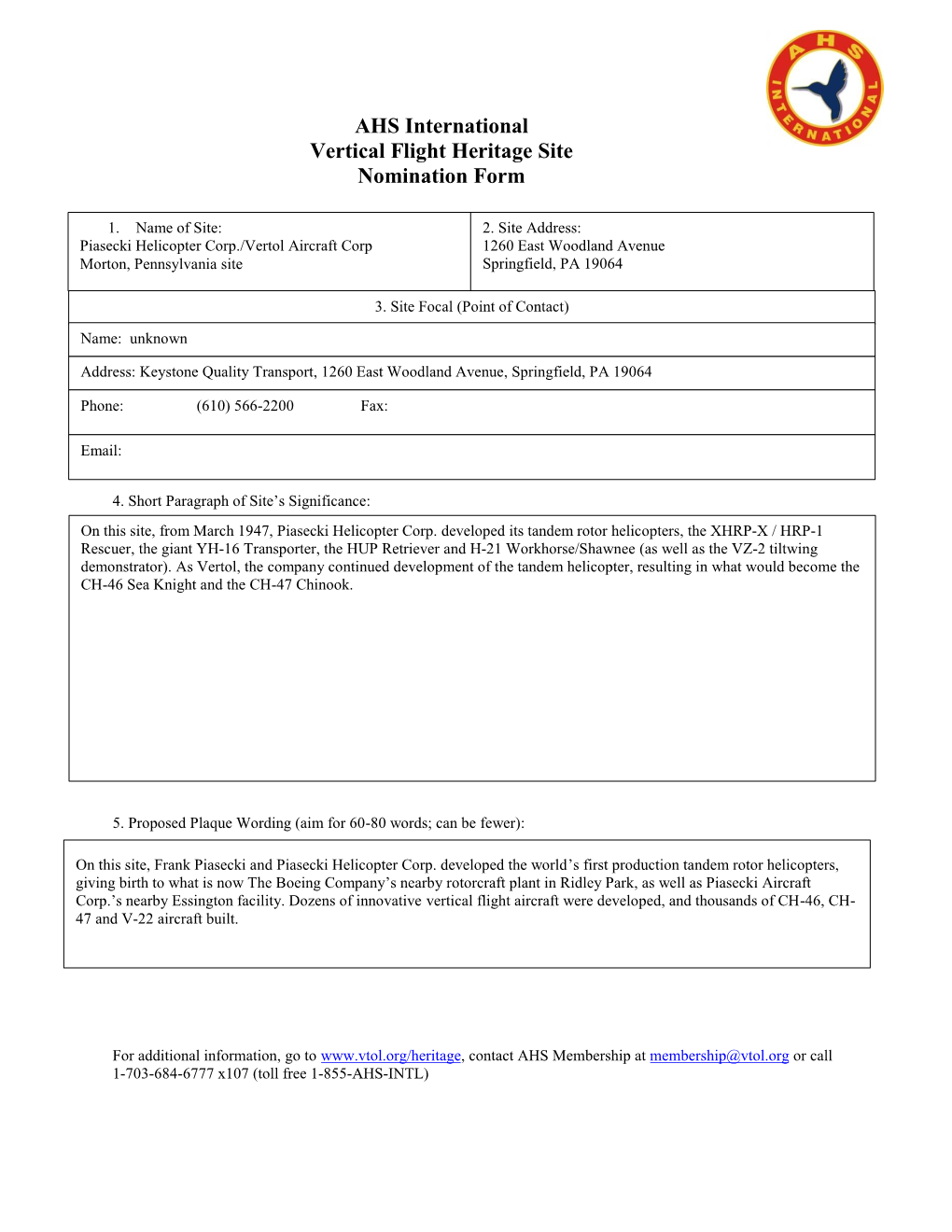 AHS International Vertical Flight Heritage Site Nomination Form