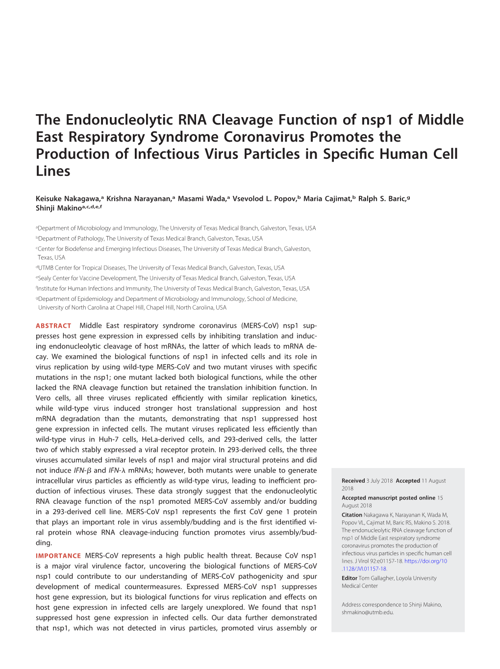 The Endonucleolytic RNA Cleavage Function of Nsp1 of Middle East