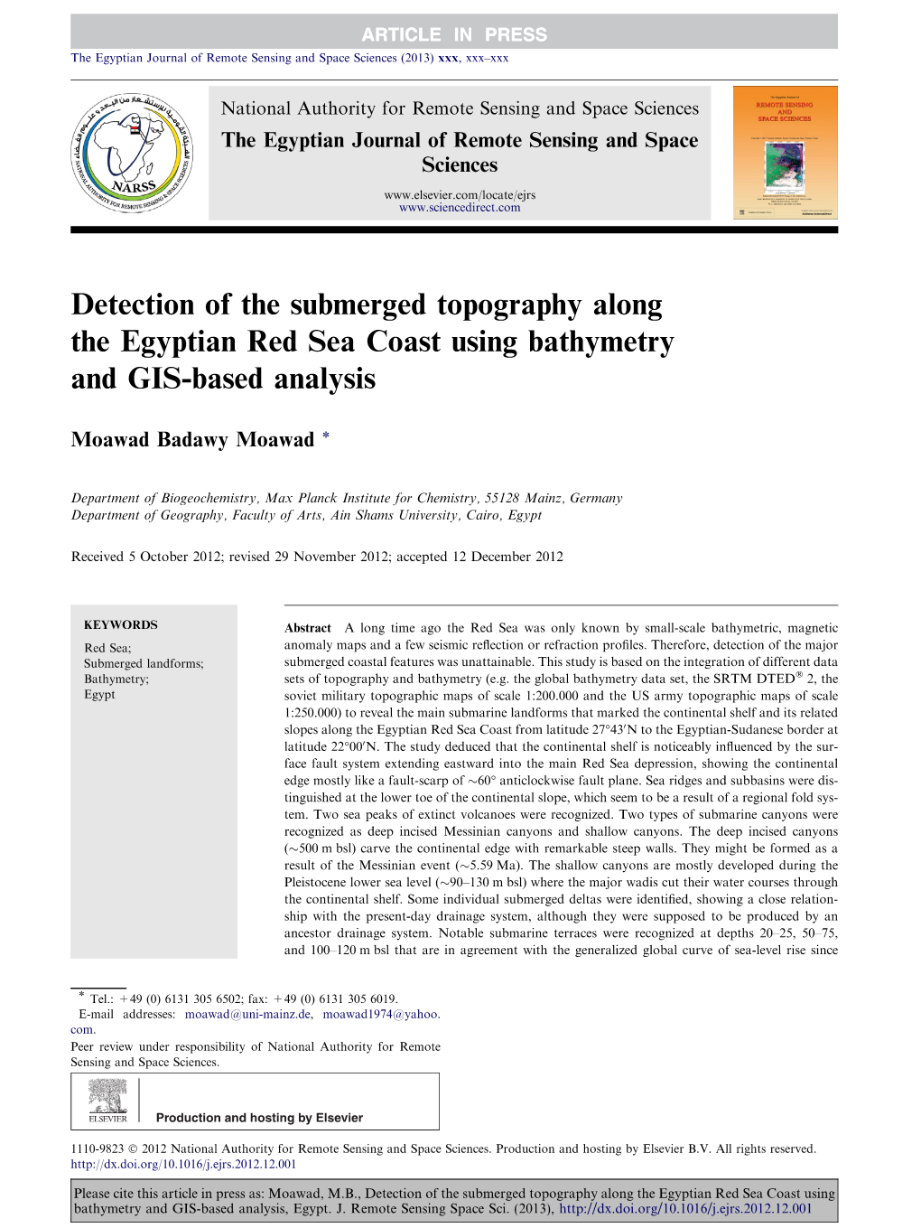 Detection of the Submerged Topography Along the Egyptian Red Sea Coast Using Bathymetry and GIS-Based Analysis