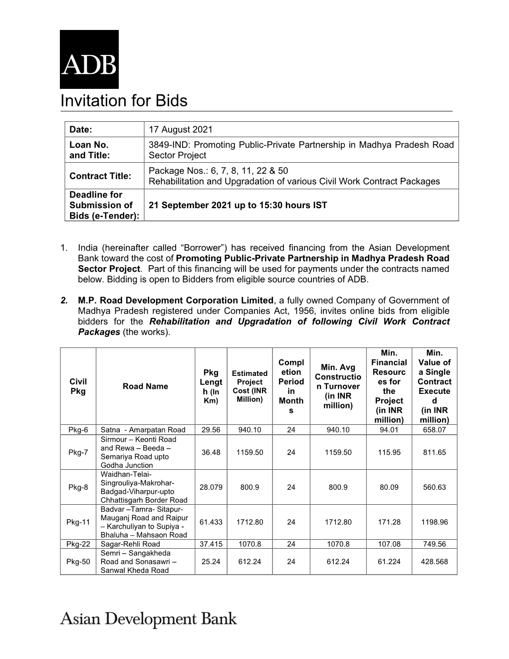 3849-IND: Promoting Public-Private Partnership in Madhya Pradesh Road Sector Project