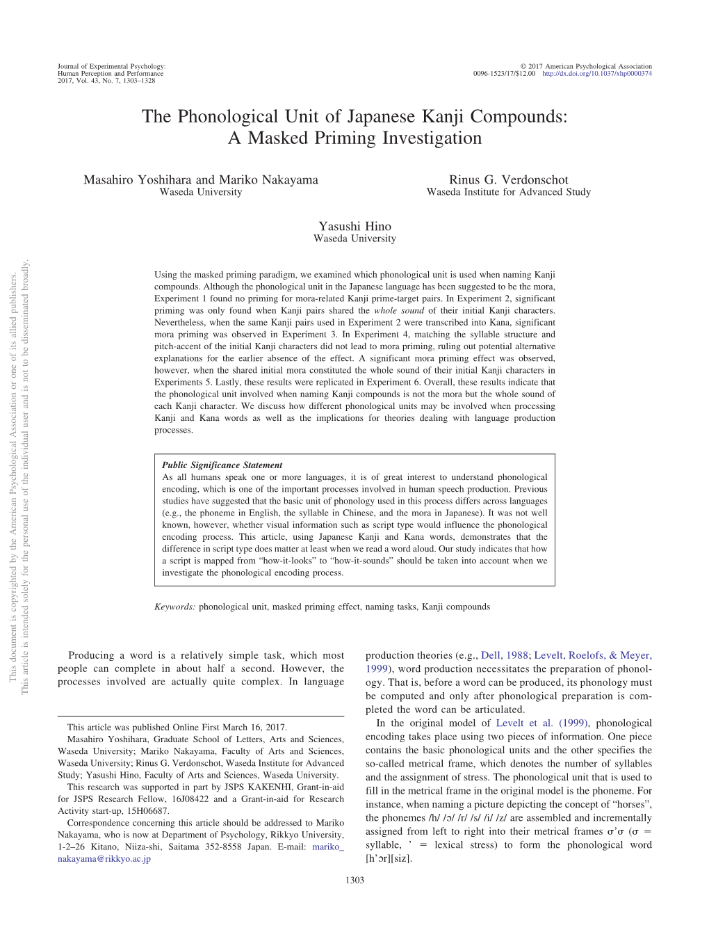 The Phonological Unit of Japanese Kanji Compounds: a Masked Priming Investigation