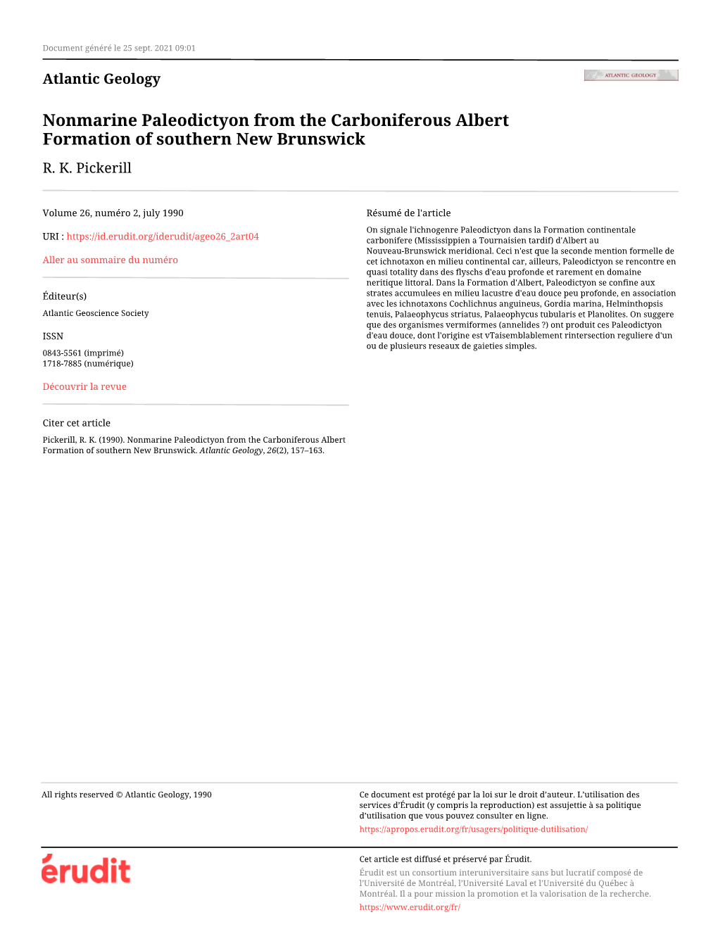 Nonmarine Paleodictyon from the Carboniferous Albert Formation of Southern New Brunswick R