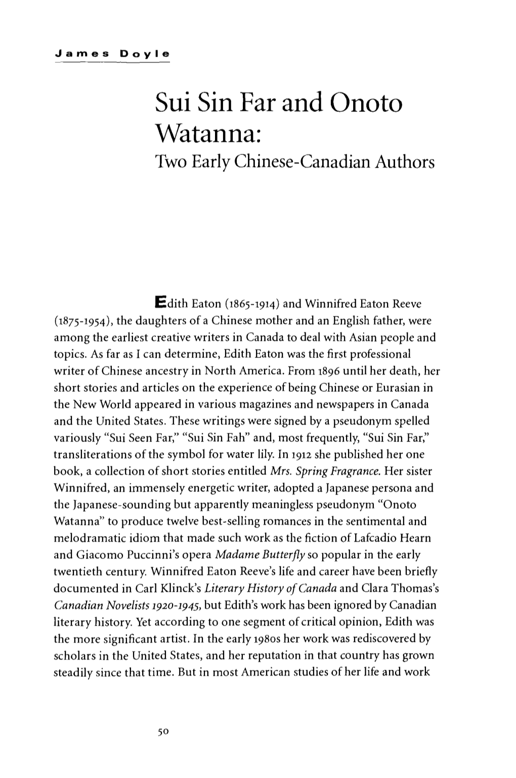 Sui Sin Far and Onoto Watanna: Two Early Chinese-Canadian Authors