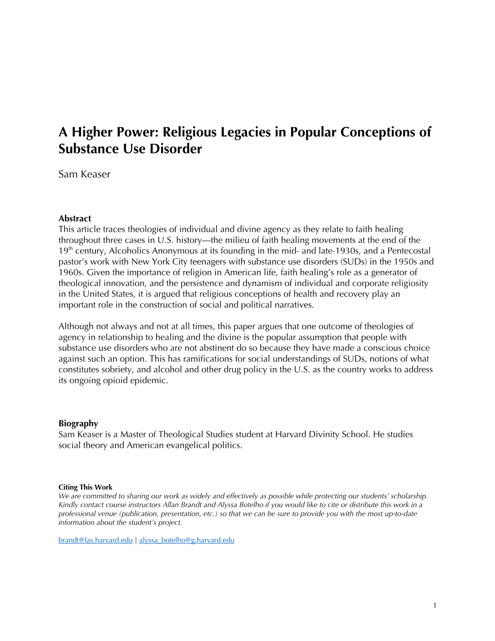 A Higher Power: Religious Legacies in Popular Conceptions of Substance Use Disorder