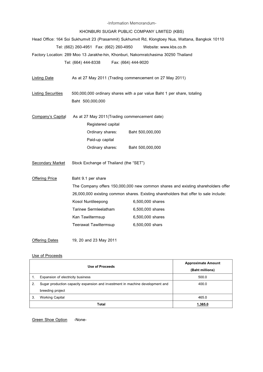 Khonburi Sugar Public Company Limited (Kbs)