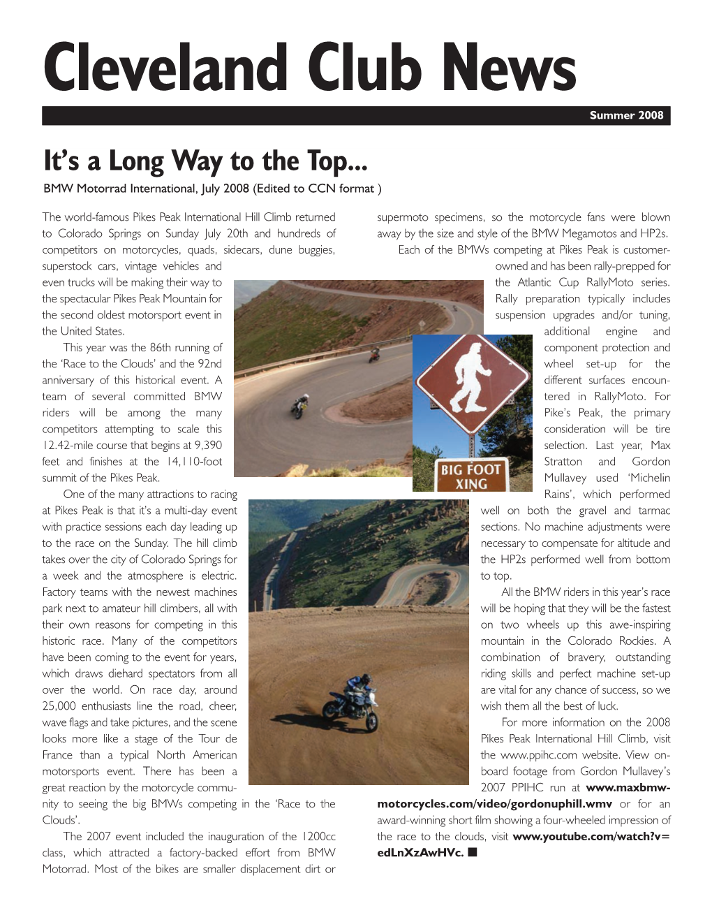Cleveland Club News the Official Publication of the BMW Motorcycle Owners of Clevelandsummer Winter 20082002 It’S a Long Way to the Top