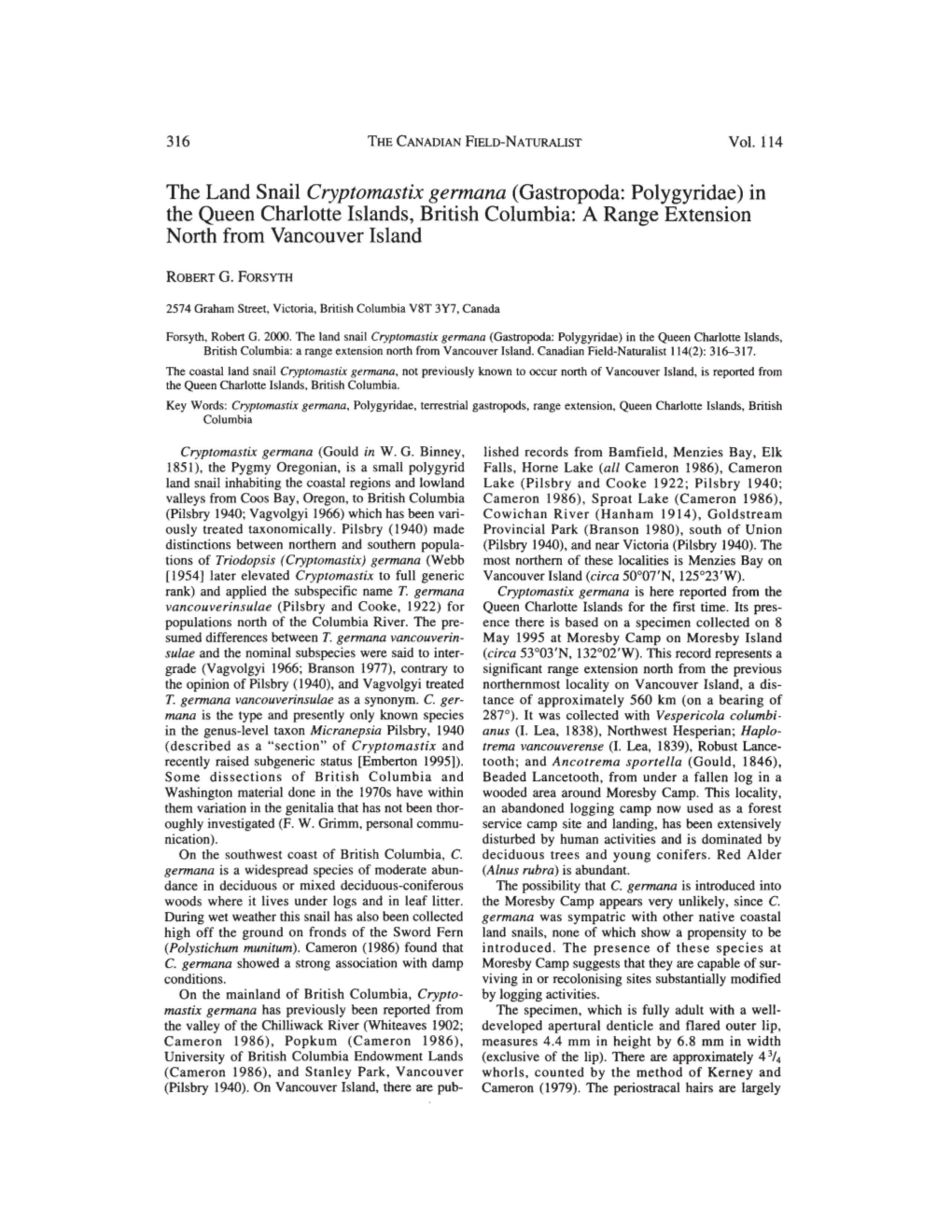 The Land Snail Cryptomastix Germana (Gastropoda: Polygyridae) in the Queen Charlotte Islands, British Columbia: a Range Extension North from Vancouver Island