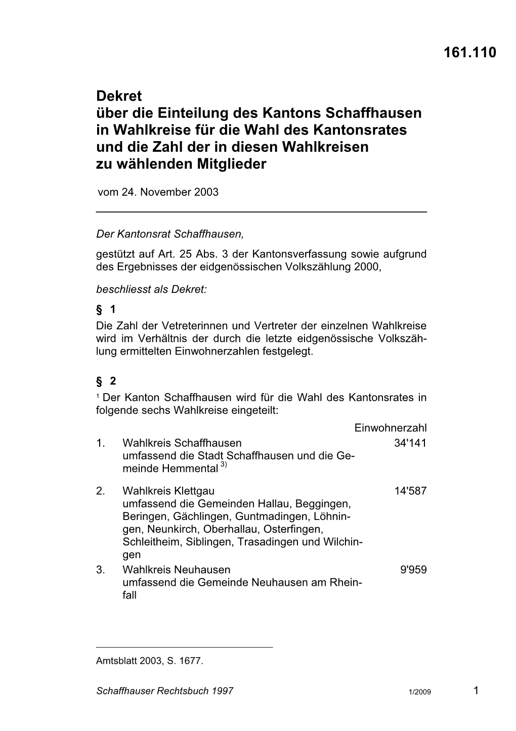 161.110 Dekret Über Die Einteilung Des Kantons Schaffhausen in Wahlkreise Für Die Wahl Des Kantonsrates Und Die Zahl Der in Di