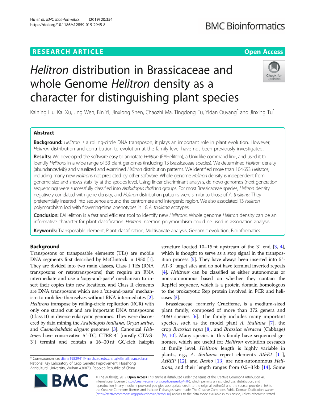 Helitron Distribution in Brassicaceae and Whole Genome Helitron Density