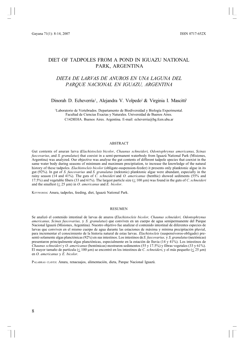 Diet of Tadpoles from a Pond in Iguazu National Park, Argentina