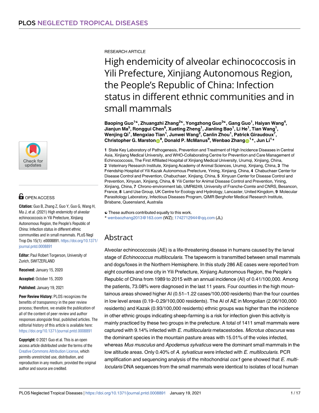 High Endemicity of Alveolar Echinococcosis in Yili Prefecture, Xinjiang Autonomous Region, the People's Republic of China