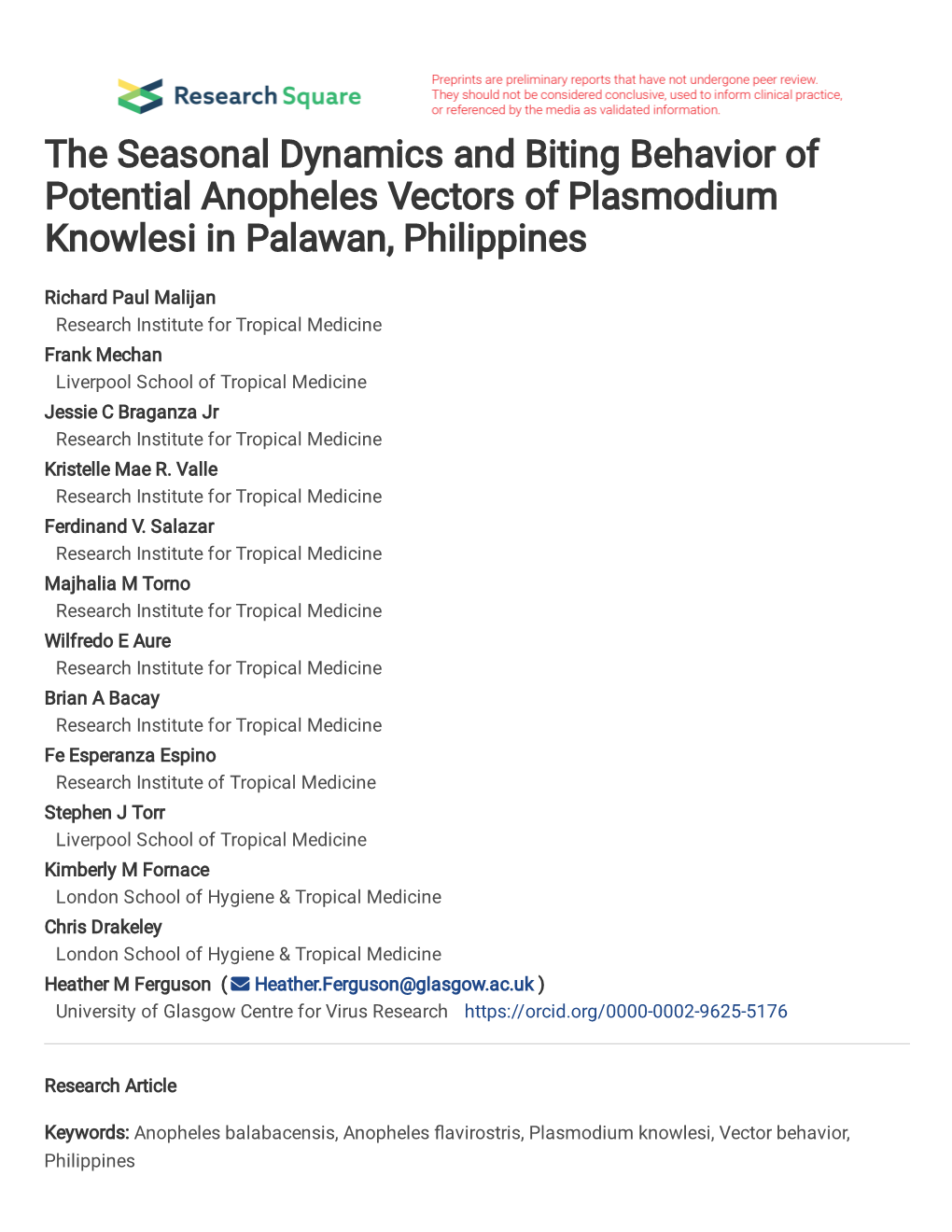 The Seasonal Dynamics and Biting Behavior of Potential Anopheles Vectors of Plasmodium Knowlesi in Palawan, Philippines