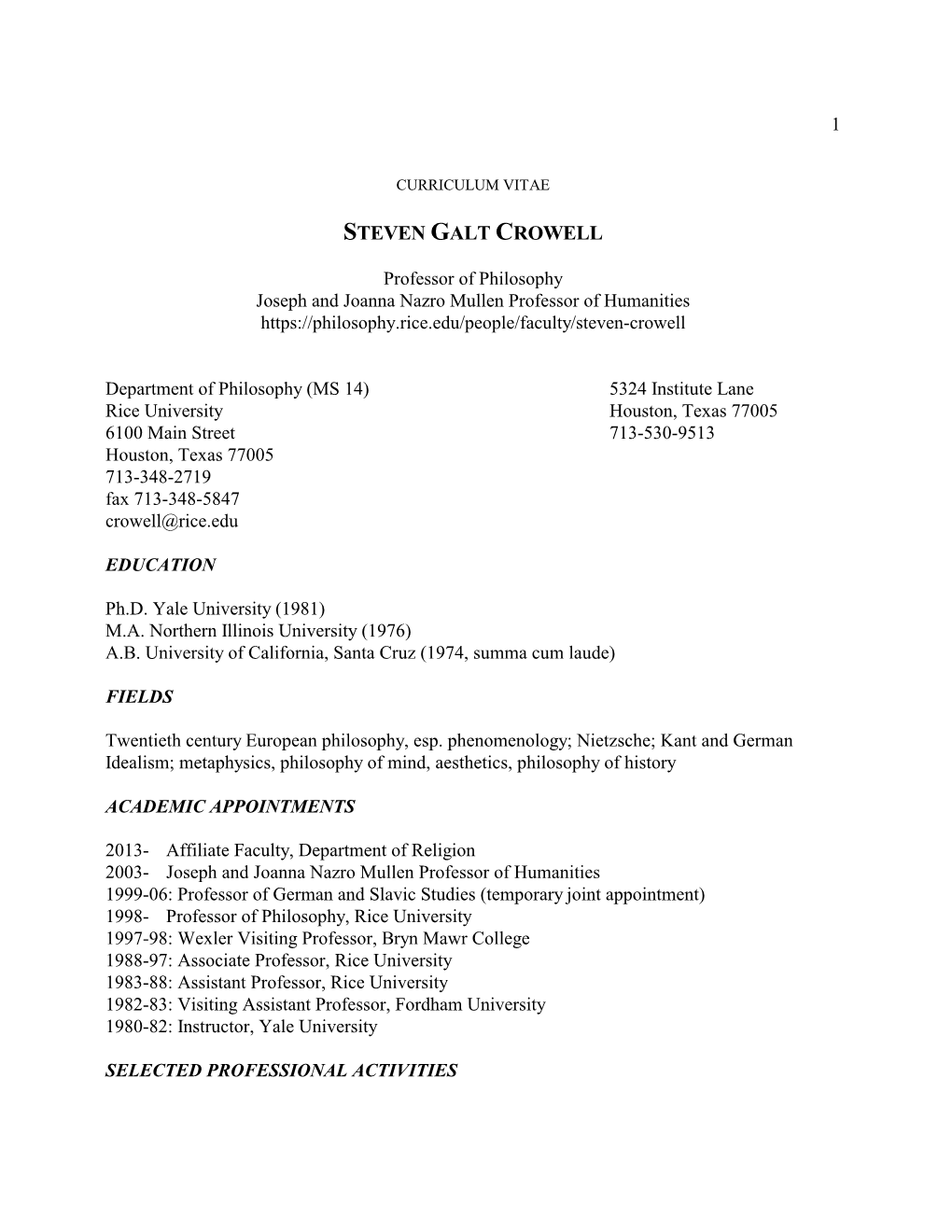 Steven Galt Crowell Curriculum Vitae