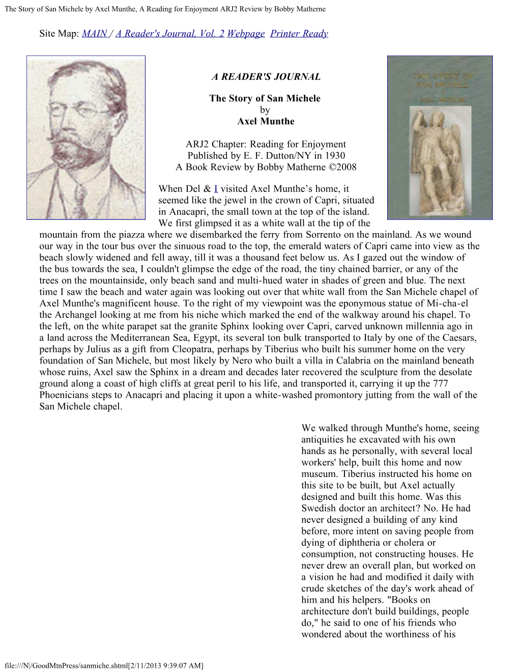 The Story of San Michele by Axel Munthe, a Reading for Enjoyment ARJ2 Review by Bobby Matherne