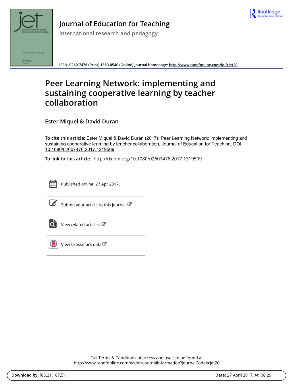 Peer Learning Network: Implementing and Sustaining Cooperative Learning by Teacher Collaboration