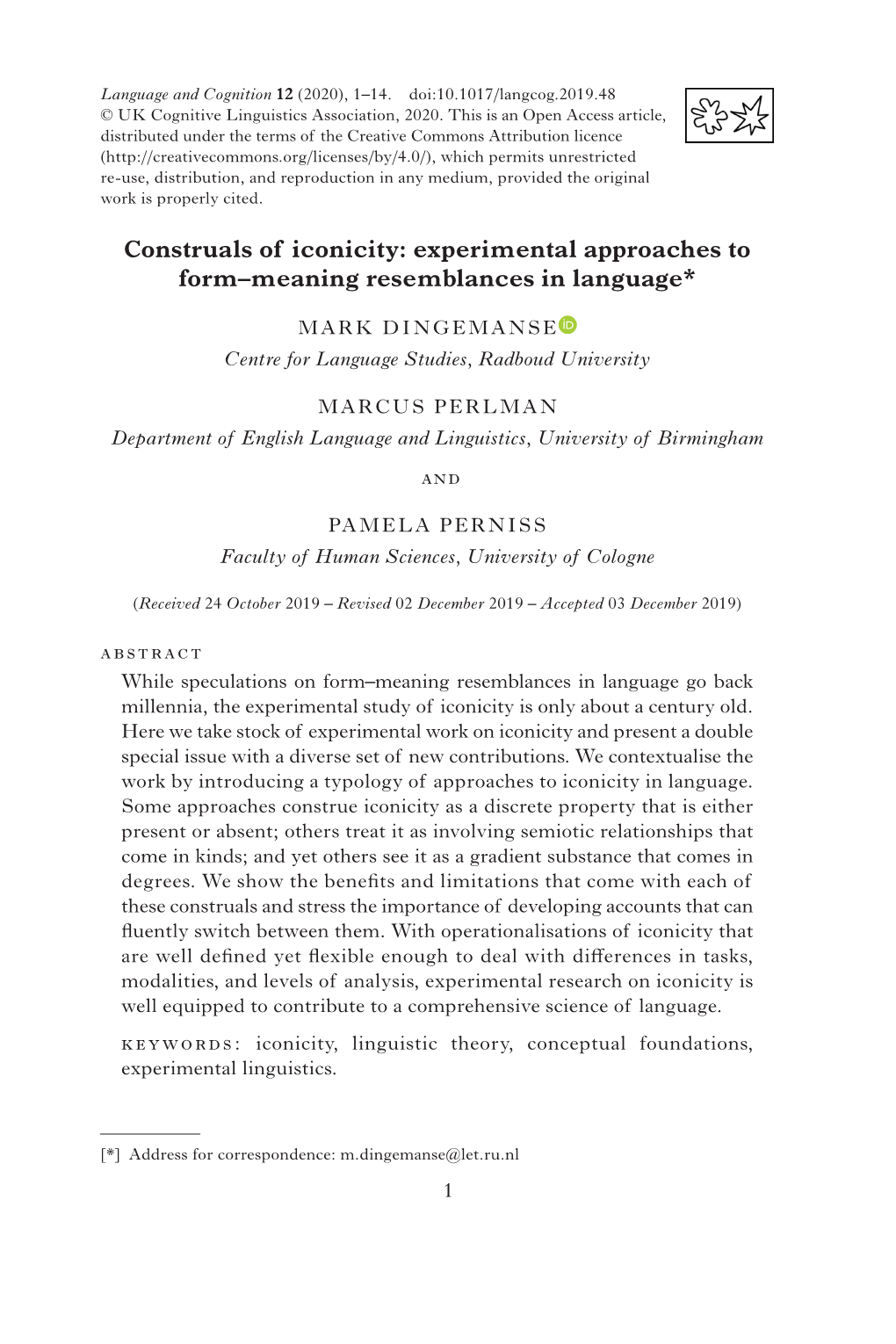 Construals of Iconicity: Experimental Approaches to Form–Meaning Resemblances in Language*