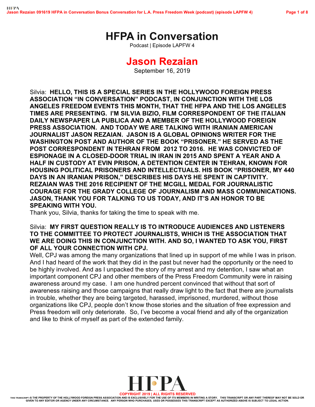 Jason Rezaian 091619 HFPA in Conversation Bonus Conversation for L.A. Press Freedom Week (Podcast) (Episode LAPFW 4) Page 1 of 8