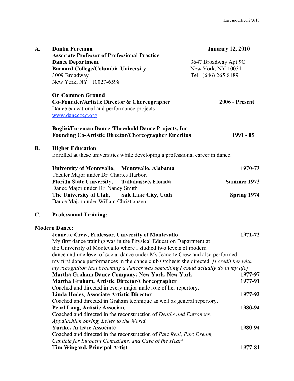 A. Donlin Foreman January 12, 2010 Associate Professor of Professional