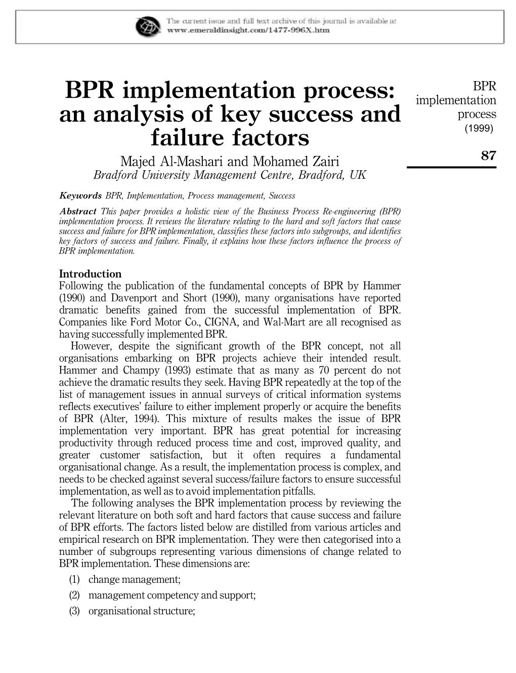 BPR Implementation Process: an Analysis of Key Success and Failure