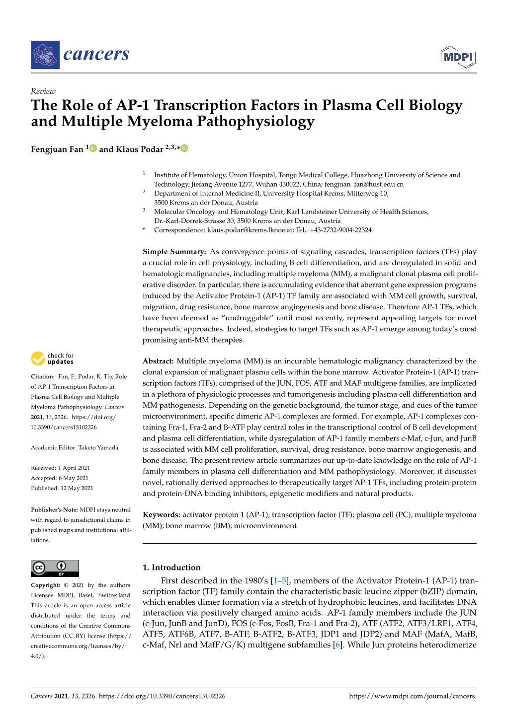 The Role of AP-1 Transcription Factors in Plasma Cell Biology and Multiple Myeloma Pathophysiology