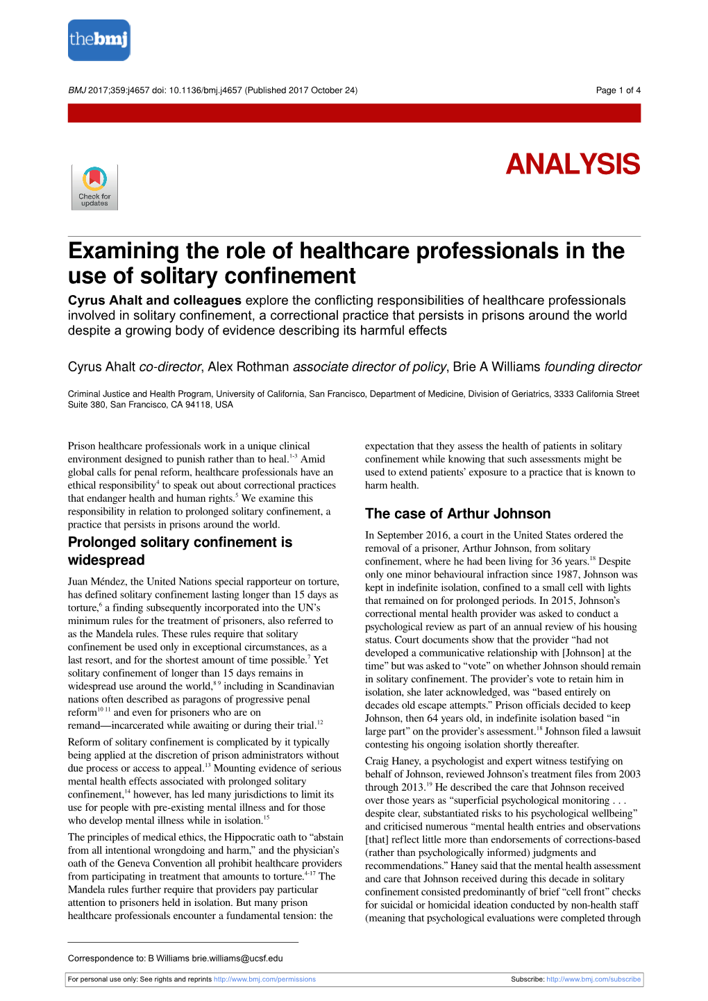 Examining the Role of Healthcare Professionals in the Use of Solitary